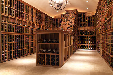 Arts and crafts wine cellar in Hawaii with storage racks and beige floor.