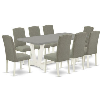 East West Furniture V-Style 9-piece Wood Dining Table Set in White/Dark Shitake
