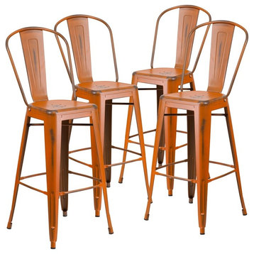 30" High Distressed Orange Metal Indoor Barstools With Back, Set of 4