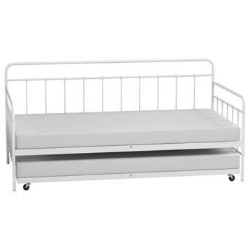Traditional Daybed, White Painted Metal Construction With Roll Out Trundle, Twin