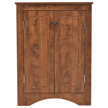 32" Wood 2-door Bath Corner Cabinet, Adjustable Shelves, Brown