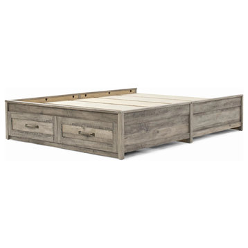 Farmhouse Queen Platform Bed, Wooden Slats & 2 Foot Drawers, Rustic Gray Finish