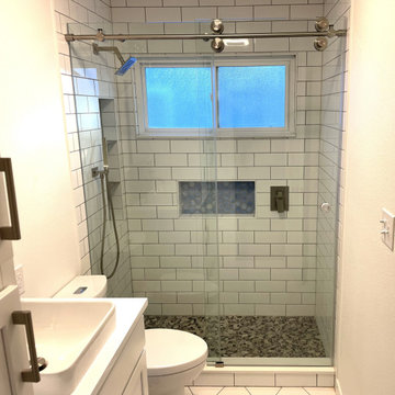 BATHROOM - Complete Remodel Tub-to-Shower White Cabinets, White Hex Floor