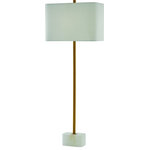 Currey and Company - Felix Table Lamp, Natural, Antique Brass - Our Felix Table Lamp is the perfect luminary for the lover of minimalism whether the room it will illuminate is decked out in mid-century modern bravado or has an industrial chic edge. The thin metal spike rising from the natural alabaster base and the matching finial have been treated to an antique brass finish to mimic the tones in the veining on the stone. The rectangular off-white linen shade echoes the shape of the base.