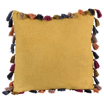 Mustard Textured Decorative Throw Pillow Cover Multi-Colored Tassels 20 inches