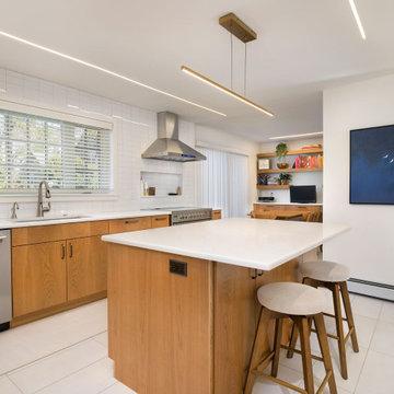 Modern Scandinavian Kitchen Remodel | Natural Wood Cabinets, White Quartz Isla