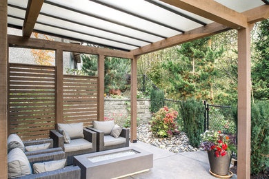 Inspiration for a transitional backyard patio remodel in Vancouver with an awning