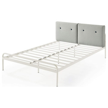 Modern Platform Bed Frame, Steel Slats and Upholstered Headboard, Sky Grey-Queen