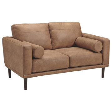 Elegant Loveseat, Caramel Brown Faux Leather Seat With Track Arms & 2 Pillows