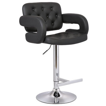 Contemporary Bar Stool, Curved Arms and Tufted Faux Leather Seat, Midnight Black