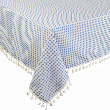 Modern Tassel Cotton Blend Tablecloth, Gingham Check French Blue, 55x70