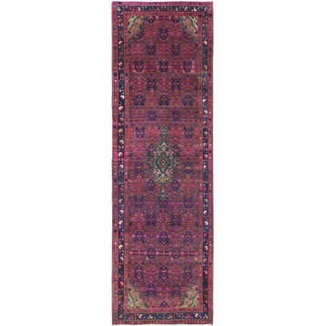 Purple Overdyed Hand Knotted Wool Old Hamadan Wide Long Runner Rug 3'4" x 10'8"