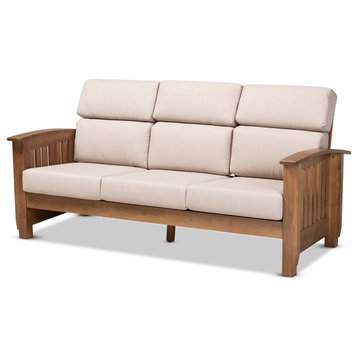 Charlotte Mission Style Taupe Fabric Walnut Brown Finished Wood 3-Seater Sofa