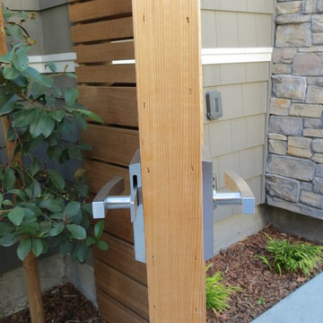 Side View Double Driveway Gate with Stainless Steel Contemporary Alta Gate Latch