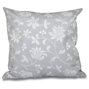 Traditional Floral, Floral Print Pillow, Gray, 18"x18"