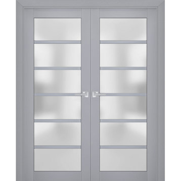 Interior French Double Doors 64 x 96, Veregio 7602 Grey & Frosted Glass