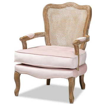 Baxton Studio Vallea Velvet Fabric and Oak Wood Accent Chair in Light Pink