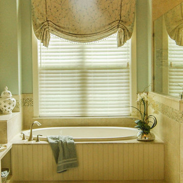 Master bath barrel ceiling with artisan paint treatment and faux London shade