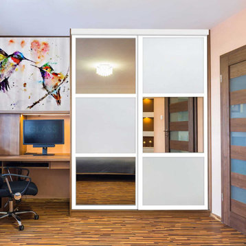 2 Panels Closet / Wardrobe Door With Frosted Glass And Mirror Insert, 72"x96" In
