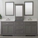 Design Element - Milano 96 in. W Double Sink Modular Bathroom Vanity in Gray with Quartz Top - Combining classic charms with modern features, this elegant Milano modular combo vanity by Design Element will instantly transform your bathroom into a work of art. This unique modular vanity set is comprised of 2 single vanities, a draw unit, and a tower cabinet with an additional drawer and cabinet with a tempered glass door. All Milano vanity cabinets are constructed from solid birch hardwood and paired with a 1 inch thick white quartz countertop and backsplash. Soft closing doors and drawers provide smooth and quiet operations, while brushed finished metal hardware provides the perfect finishing touch. Other fine details include white porcelain sinks with overflow, dovetail joint drawer construction, predrilled holes to accommodate 8-inch widespread faucets, and multi-layer paint finish on the cabinets provide beauty and durability for years to come. Mirrors, faucets and drains are not included.