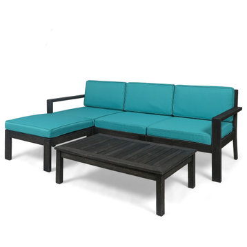 Makayla Ana Outdoor 3 Seater Acacia Wood Sofa Sectional With Cushions, Teal
