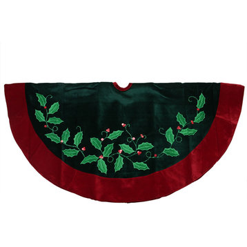 48" Dark Green and Burgundy Holly Berry Velveteen Christmas Tree Skirt