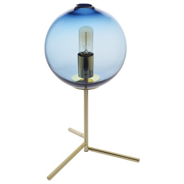 Golden Metal Hand Blown Glass Table Lamp, Clear, Blue