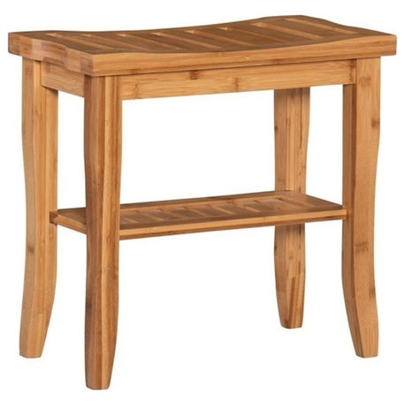 Linon Bracken Sturdy Solid Bamboo Bathroom Stool with Shelf in Natural Brown