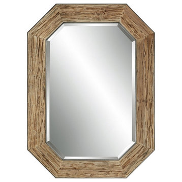 Rustic Octagonal Mirror in Fir Wood and Burnished Silver Weathered Texture Iron