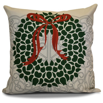 Decorative Holiday Pillow Floral Print, Dark Green, 16"x16"