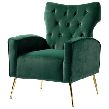Elegant Accent Chair, Golden Legs With Velvet Seat and Tufted Wingback, Green