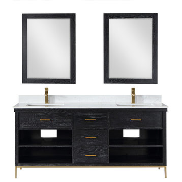Kesia Black Oak Bathroom Vanity Set, 72", With Mirror