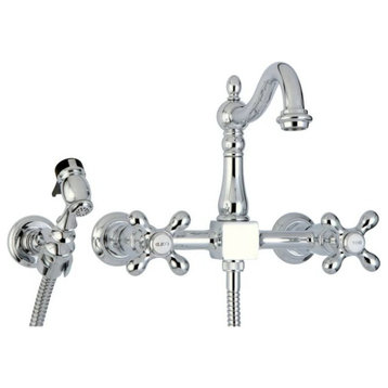 Wall Kitchen Faucet, Bridge Design With Crossed Handles & Side Sprayer, Chrome