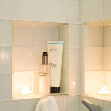 Glamorous White Glass Tile Master Bath