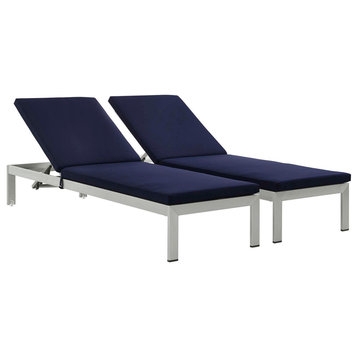 Shore Chaise With Cushions Outdoor Aluminum, Set of 2, Silver/Navy