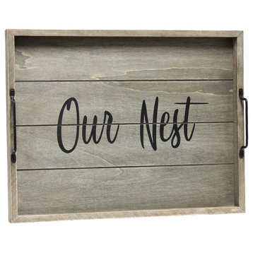 Decorative Wood Serving Tray With Handles, 15.50"X12", "Our Nest"