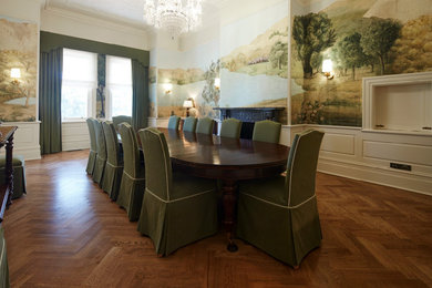 Traditional dining room in Sydney with light hardwood floors and brown floor.