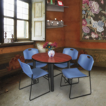 Kee 36" Round Breakroom Table- Cherry/ Black & 4 Zeng Stack Chairs- Blue
