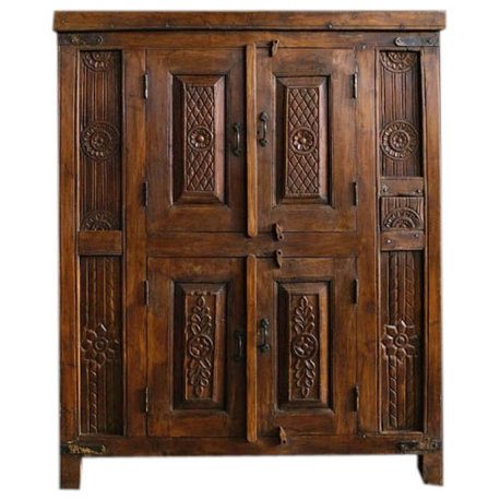 Consigned Antique Armoire Rustic Spanish Carved Teak Wood Cabinet