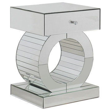 Elegant Side Table, Mirrored Design With Geometric Ring Base & Drawer, Silver