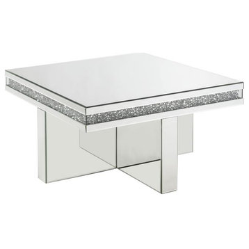 ACME Furniture Noralie Square Glass Coffee Table in Mirrored and Faux Diamonds