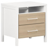 Modern Nightstand, Upper Open Compartment and 2 Storage Drawers, White/Soft Elm