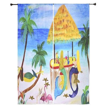 Mermaid Art Sheer Curtains, 30"x84", Tiki Bar Beach Mermaids