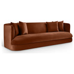 Meridian Furniture - Alder Upholstered Chair, Cognac, Velvet, Sofa - The Alder cognac velvet upholstered sofa is an invitation to relax. Its rounded silhouette and soft velvet upholstery create a cozy and inviting space, perfect for stretching out or enjoying time with family and friends. Whether you're hosting or relaxing alone, this sofa is the perfect piece to bring warmth and style to your space.