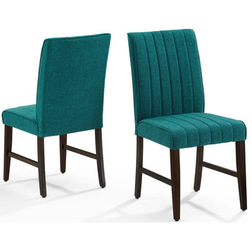 Tufted Side Dining Chair, Set of 2, Fabric, Wood, Teal Blue, Modern, Cafe Bistro