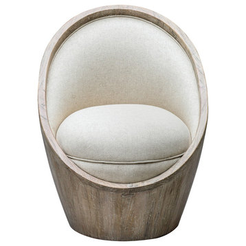 Luxe Mid Century Modern Round Tub Chair Cream Beige Light Wood Barrel Egg
