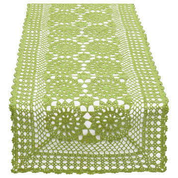 Handmade Crochet Lace Cotton Rectangular Table Runner, Green, 16"x36"