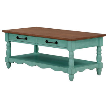 Traditional Coffee Table, Turned Legs With Spacious Shelf & Drawers, Dark Brown, Teal