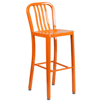 30'' High Metal Indoor-Outdoor Barstool With Vertical Slat Back, Orange