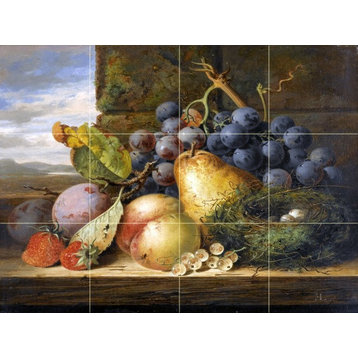 Tile Mural, Still Life With A Bird's Nest Pear Peach Grapes Marble Matte